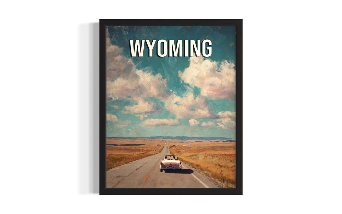 Wyoming Desert Highway Classic Car Retro Road Trip Travel Poster