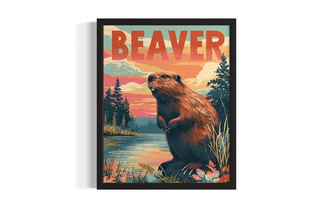 Beaver by the River at Sunset Pine Forest Vintage Wildlife Poster