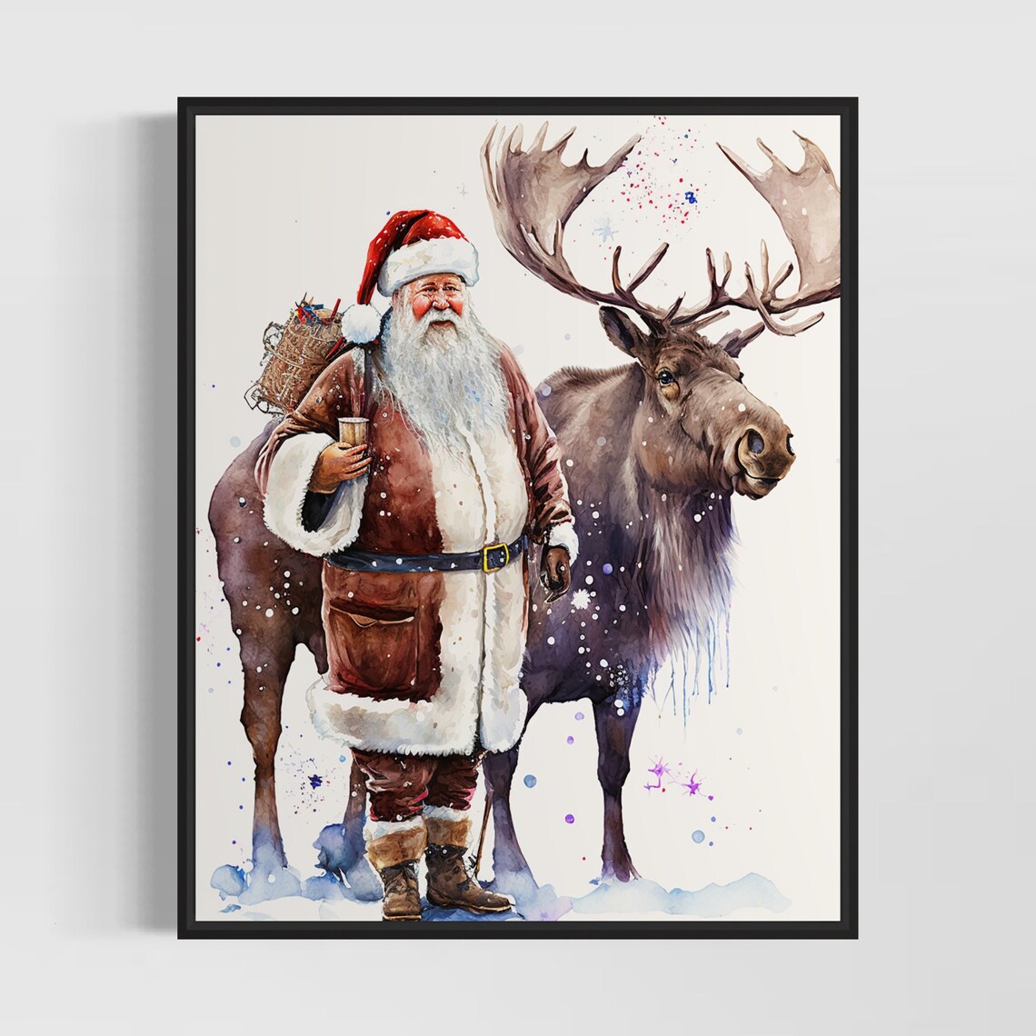 Santa Claus Standing Beside His Reindeer Watercolor Christmas Poster