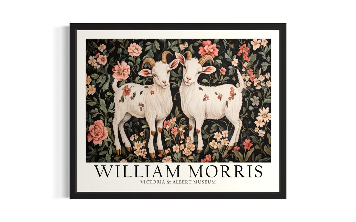 William Morris White Goat Pair In Pink Wildflower Meadow Art Poster