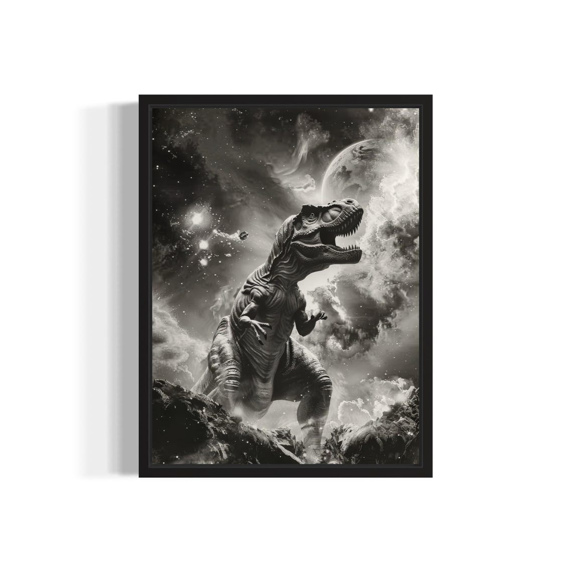 T Rex Dinosaur Roaring in Outer Space Monochrome Galaxy Poster