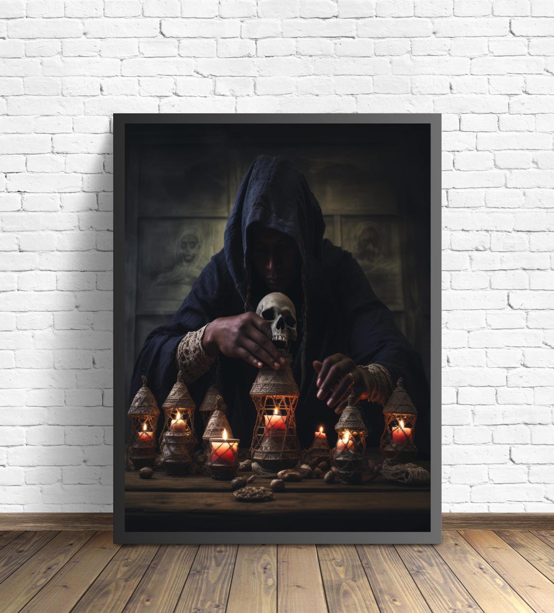 Hooded Figure With Skull And Candles Dark Occult Ritual Poster
