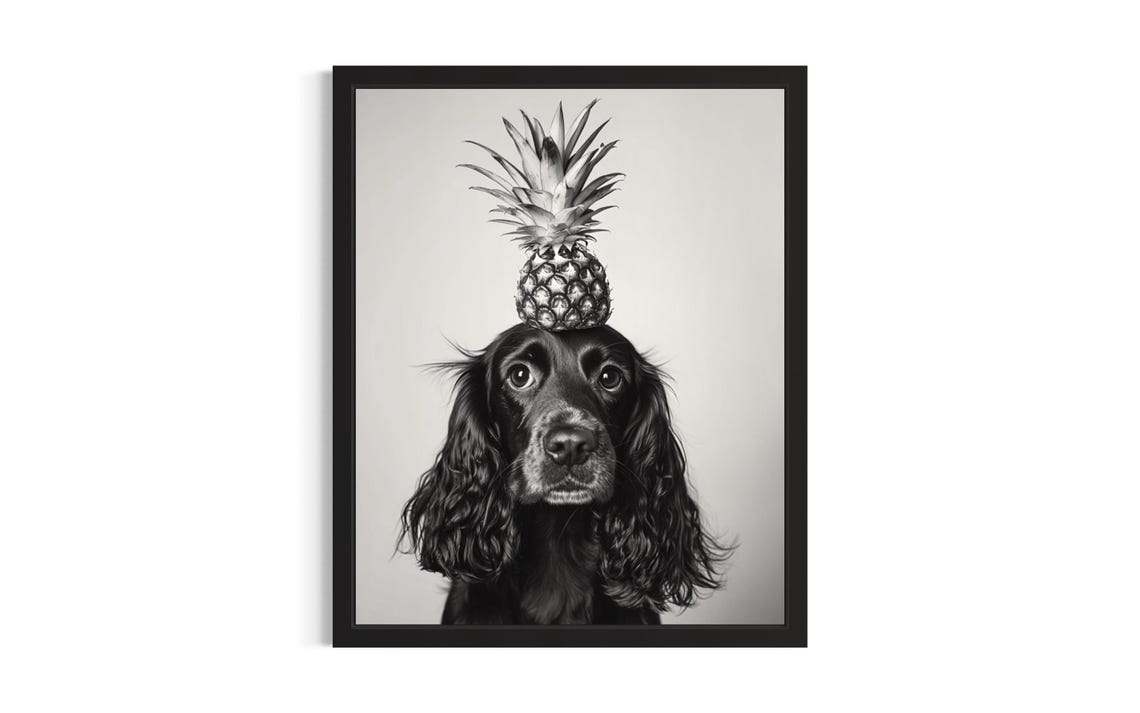 Cocker Spaniel Balancing Pineapple Black and White Kitchen Dog Poster