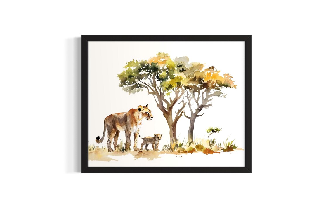 Lioness And Cub Safari Watercolor African Savanna Mother Love Poster