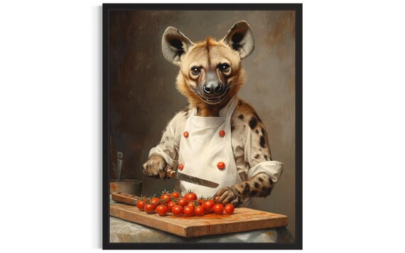 Hyena Chef Oil Painting Portrait Wildlife Kitchen Decor Poster