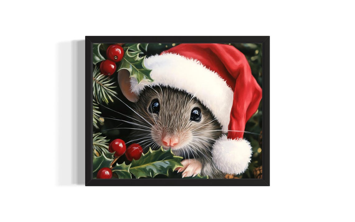 Tiny Mouse in Santa Hat with Holly Berries Christmas Painting Poster