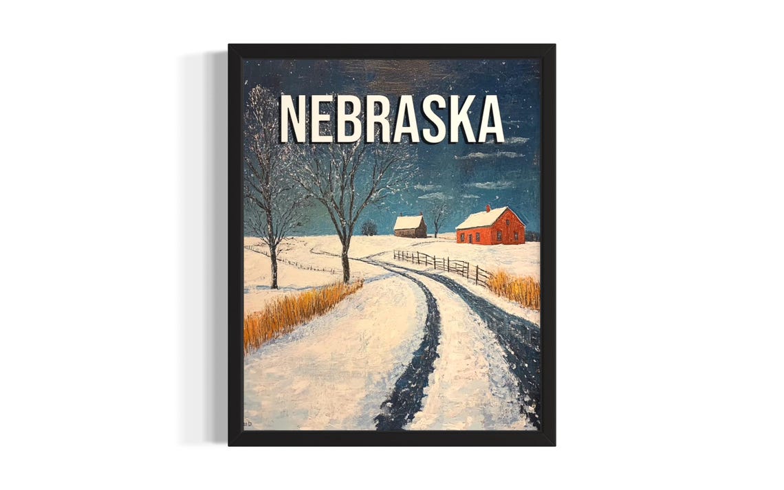 Nebraska Winter Snow Landscape Poster With Red Barn And Starry Night