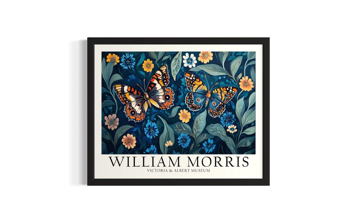 William Morris Butterflies Vintage Blue Floral Garden Poster