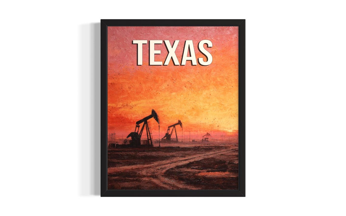 Texas Oil Field Pumpjacks Silhouette Orange Sunset Art Poster