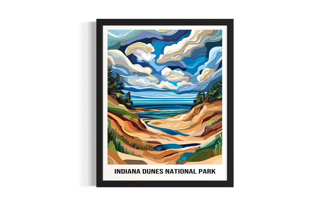 Indiana Dunes National Park Sand Dunes Lake Shore Scene Art Poster