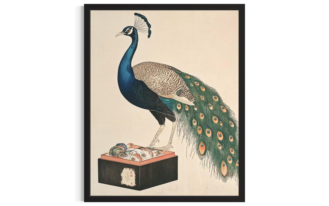 Peacock Standing on Sushi Box Japanese Style Funny Bird Poster
