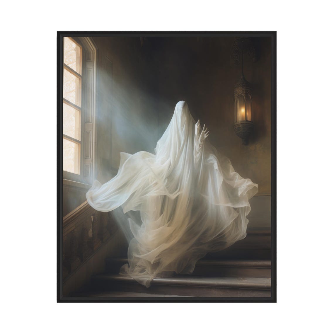 Ghostly Apparition Floating On Haunted Stairs Spooky Night Poster