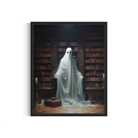 Ghost In Bookroom Art Print Vintage Gothic Wall Art Painting Decor Photo