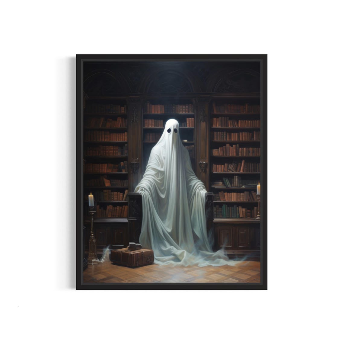 Lonely Ghost Reading Book on Hallway Bench Spooky Halloween Poster