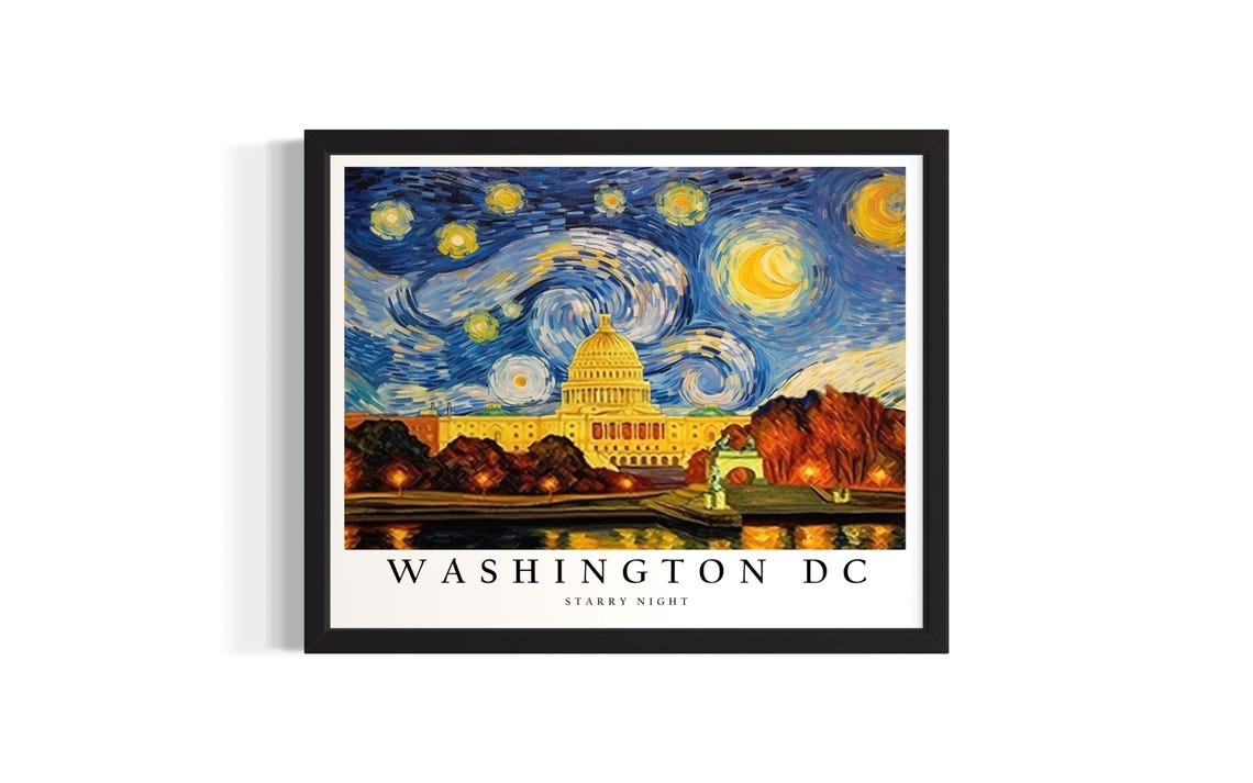 Washington DC Starry Night US Capitol Swirling Sky Canvas Style Poster