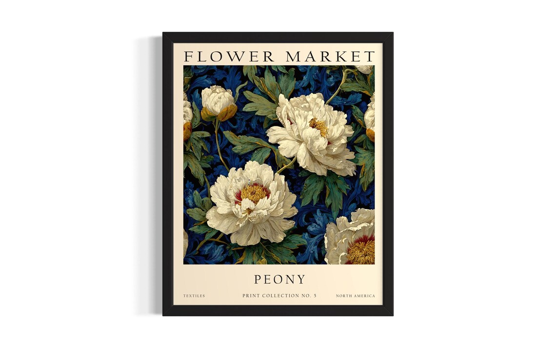 Peony Flower Market White Cream Bloom Textile Vintage Poster