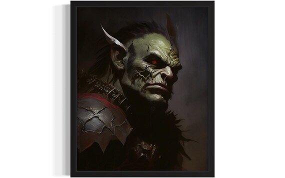 Dark Orc Warrior Portrait Green Skin Fantasy Character Art Poster
