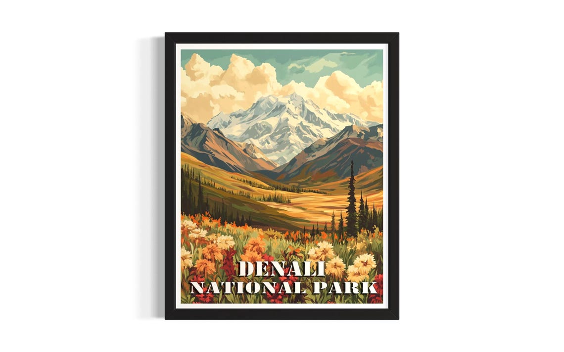 Denali National Park Vintage Snow Mountain Wildflowers Poster