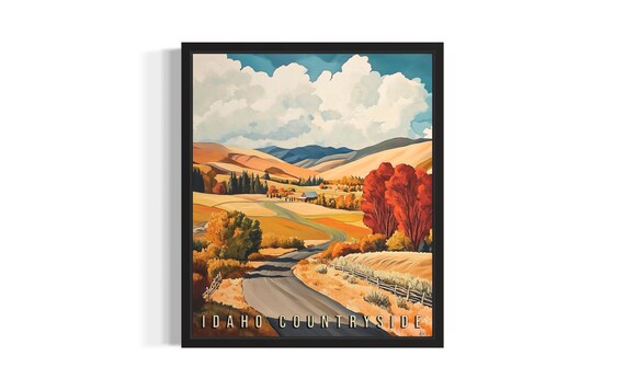 Idaho Countryside Autumn Road Rolling Hills Vintage Style Poster