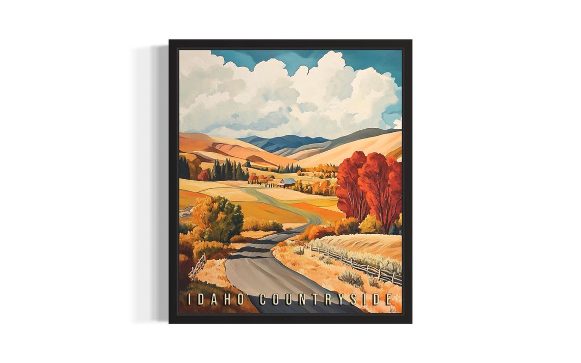 Idaho Countryside Autumn Road Rolling Hills Vintage Style Poster