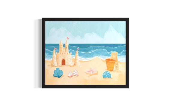 Beach And Sandcastle Children Nursery Poster Art Print Living Room Wall Original Painting Artwork Decor