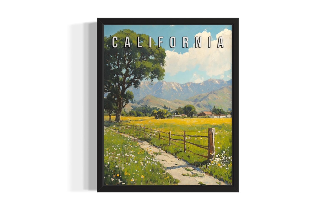 California Country Field Wildflowers Path Vintage Travel Poster