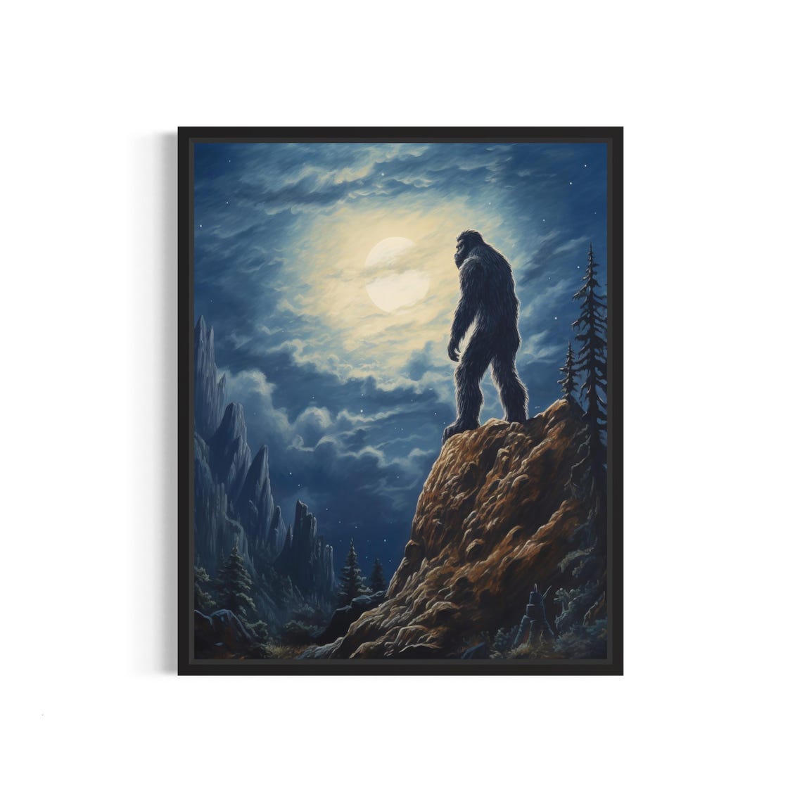 Bigfoot Standing on Moonlit Cliff Cryptid Night Landscape Poster
