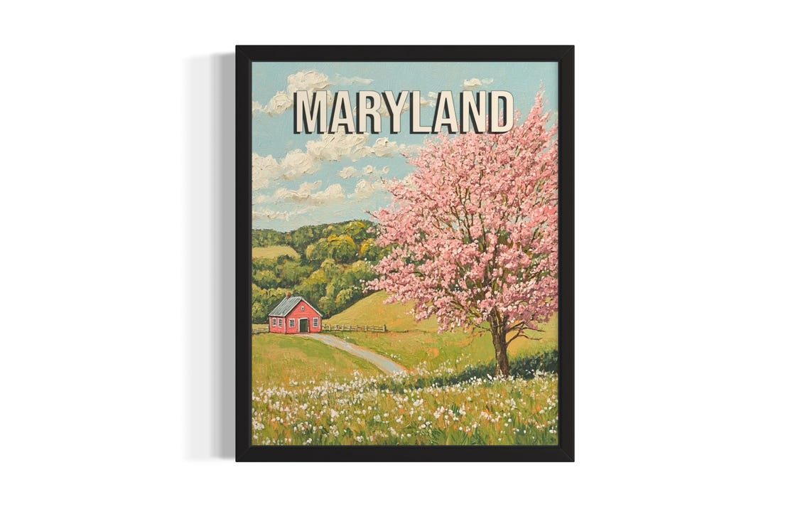 Maryland Spring Blossom Tree Red Barn Wildflower Meadow Scenic Poster