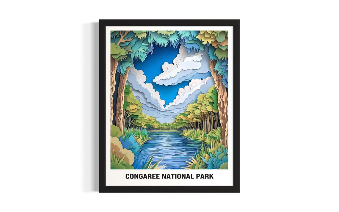 Congaree National Park 3D Paper Cut Forest Stream Scene Poster