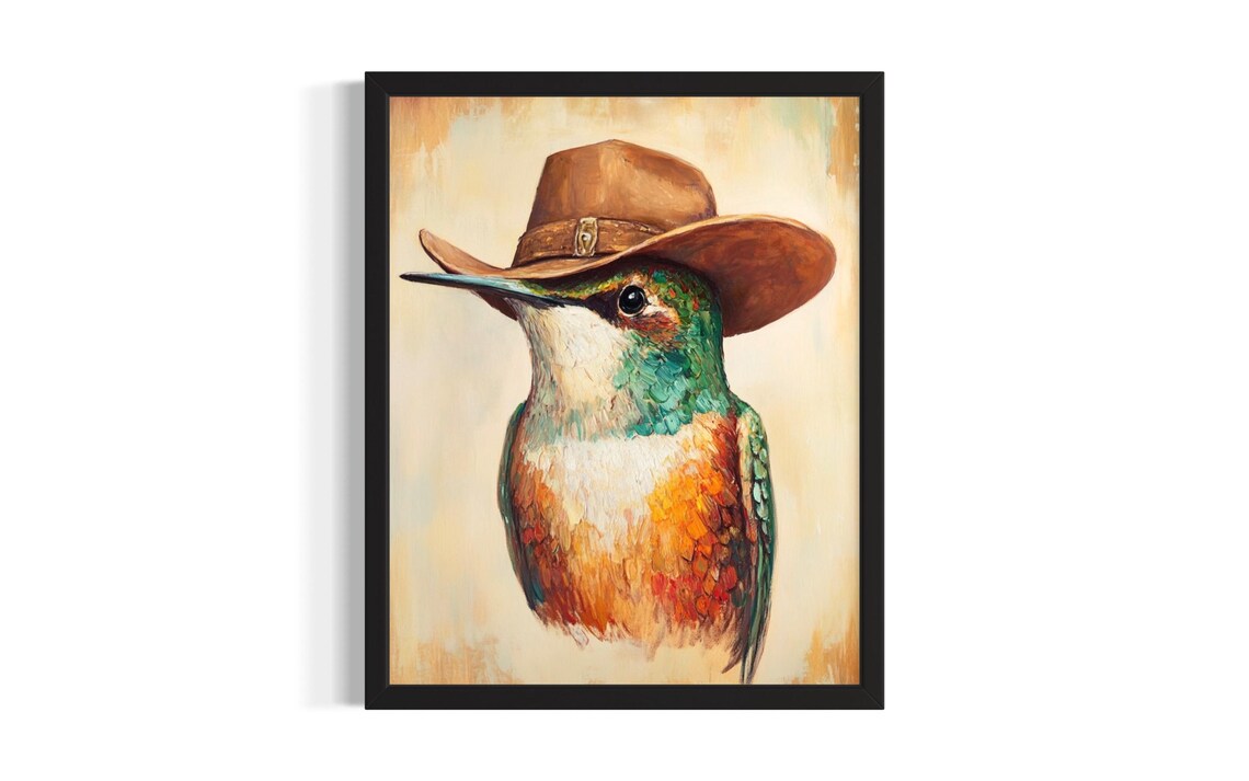 Hummingbird Wearing Cowboy Hat Western Portrait Poster Art Piece