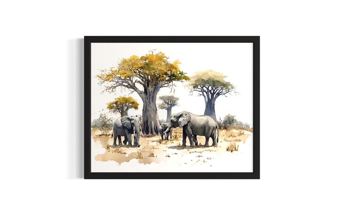 Gentle Elephant Herd Under Baobab Trees African Watercolor Poster
