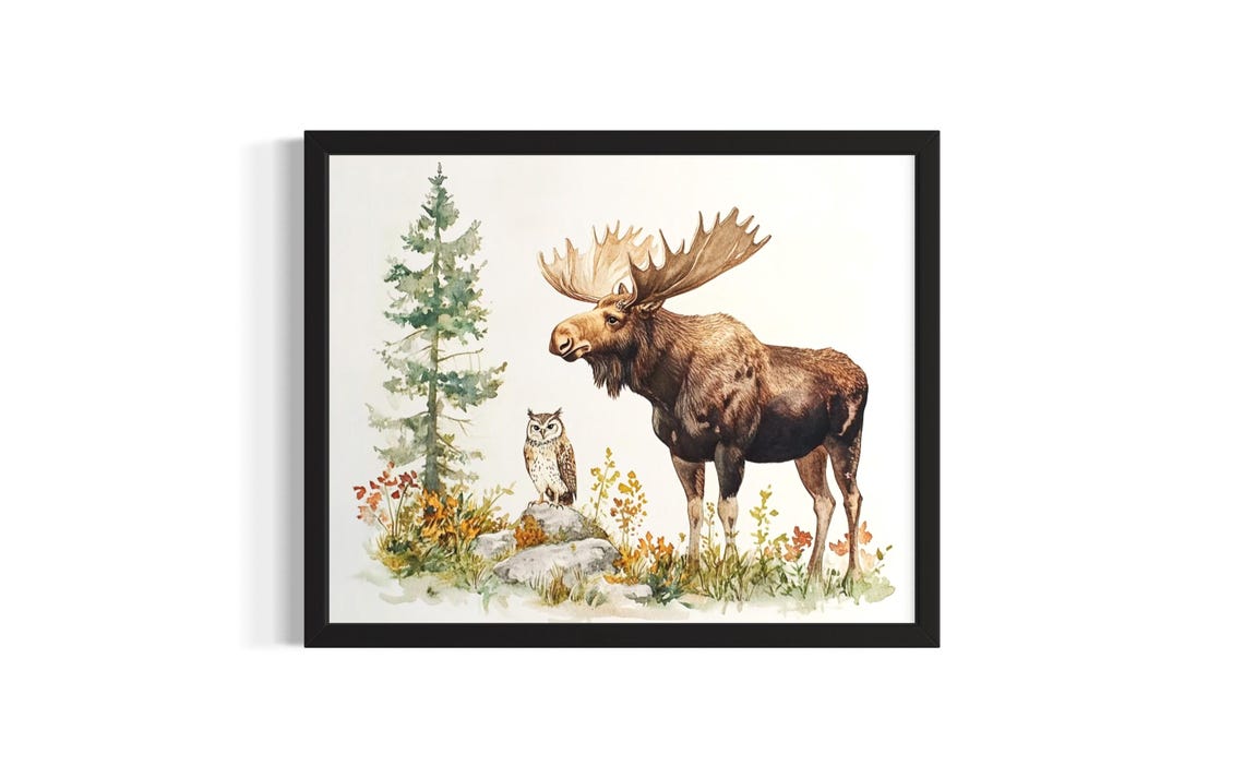 Gentle Moose and Owl in a Wildflower Meadow Watercolor Poster