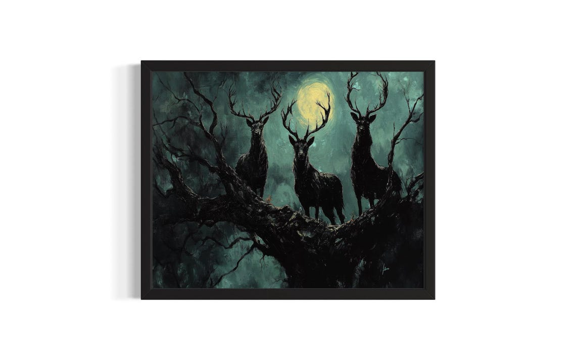 Three Shadow Stags Antlers Under Sickly Moon Dark Art Poster