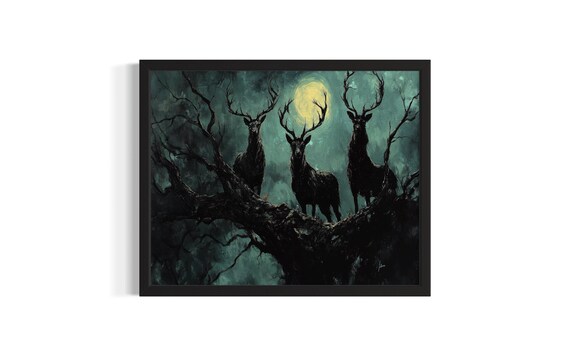 Three Shadow Stags Antlers Under Sickly Moon Dark Art Poster