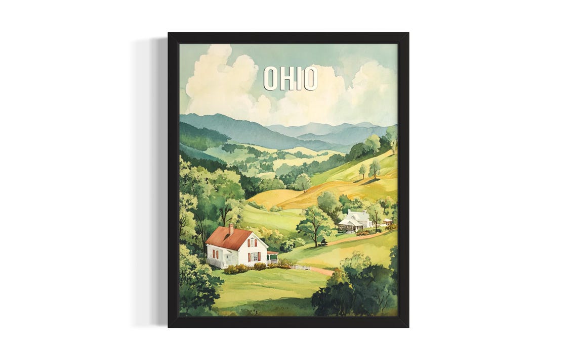 Ohio Rolling Green Hills White Farmhouse Watercolor Art Poster