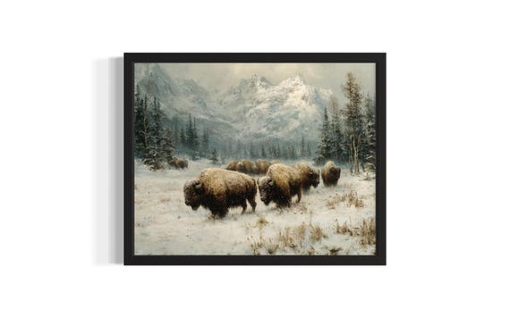 Winter Bison Herds Cowboy Poster Art Print Living Room Wall Original Painting Artwork Decor