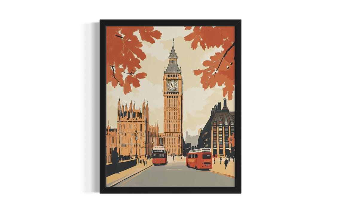 Big Ben London Red Bus Autumn Vintage Travel Style Art Poster