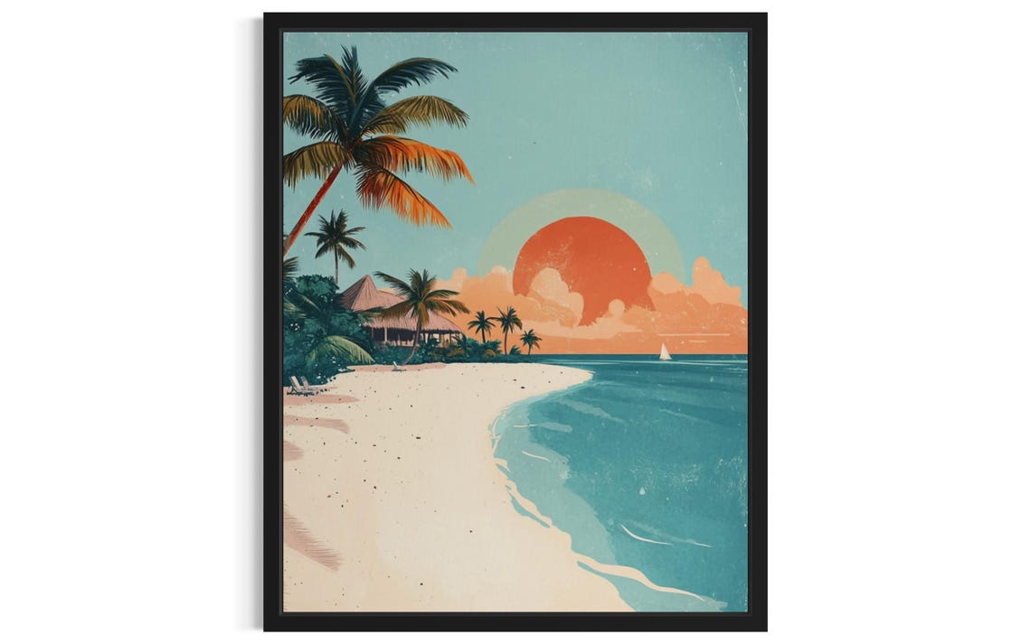 Tropical White Sand Palm Beach Sailboat Sunset Travel Poster