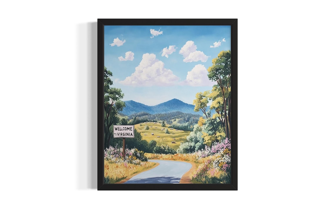 Welcome to Virginia Country Road Wildflowers Folk Art Travel Poster