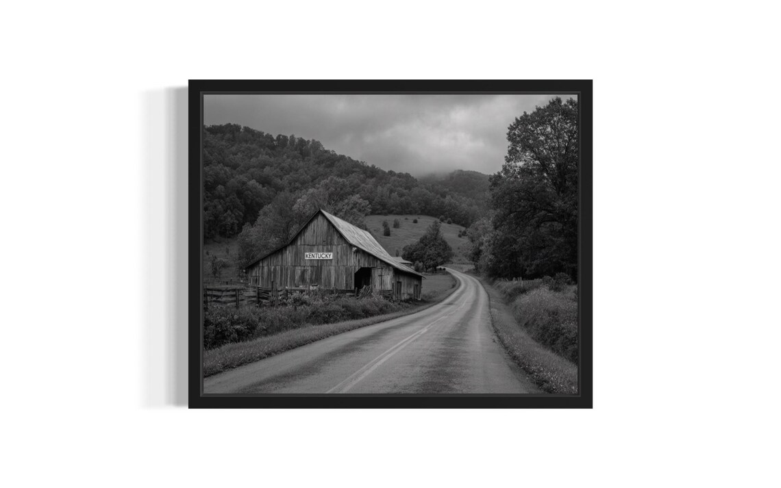 Kentucky Vintage Black and White Country Barn Road Retro Travel Poster