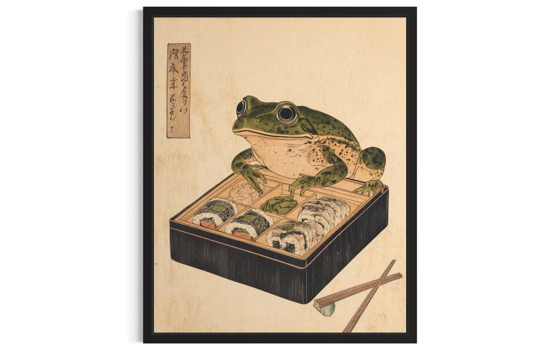 Frog Eating Sushi Japanese Woodblock Style Funny Kitchen Poster
