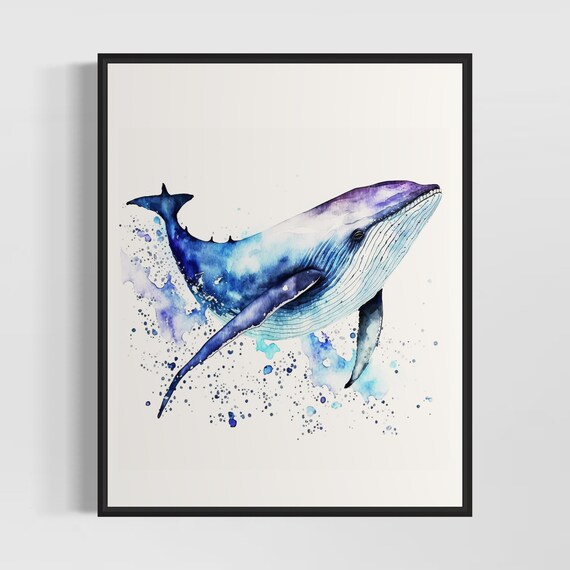 Leaping Whale Deep Blue Splash Ocean Watercolor Wildlife Poster