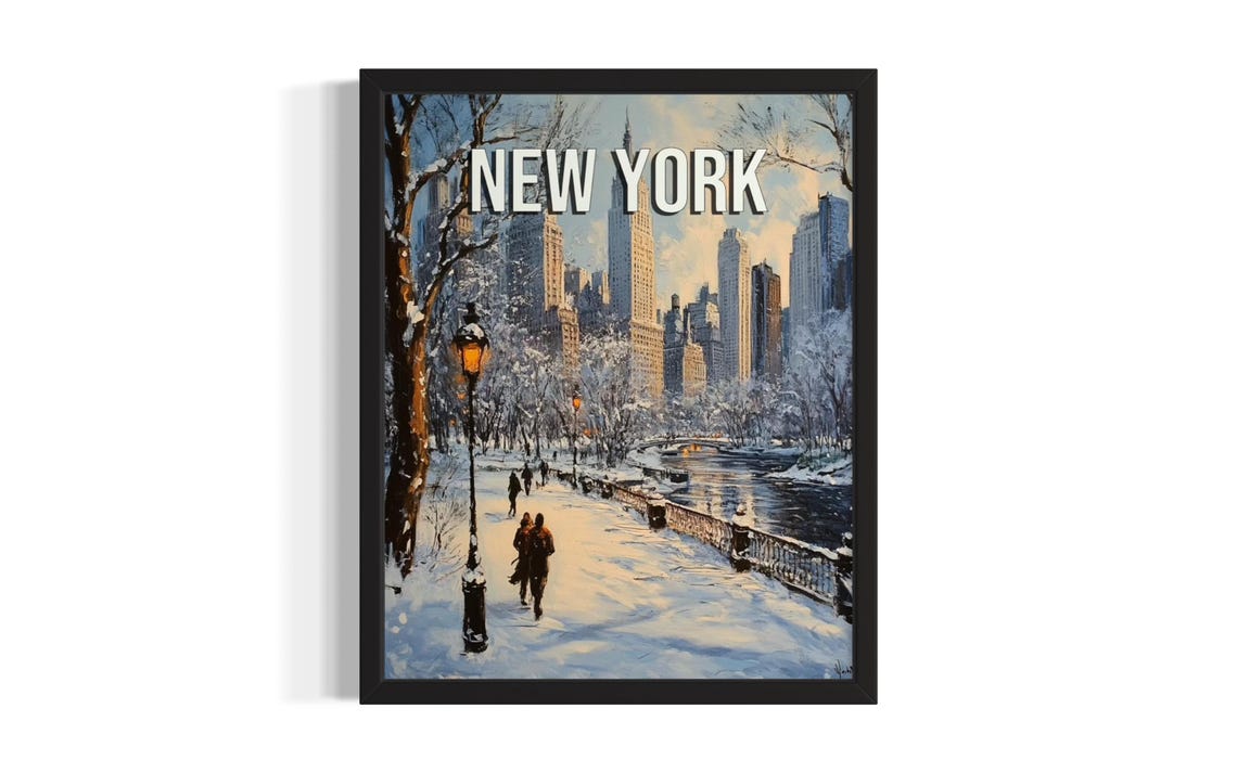 New York Snowy Park Path Manhattan Skyline Winter Scene Poster
