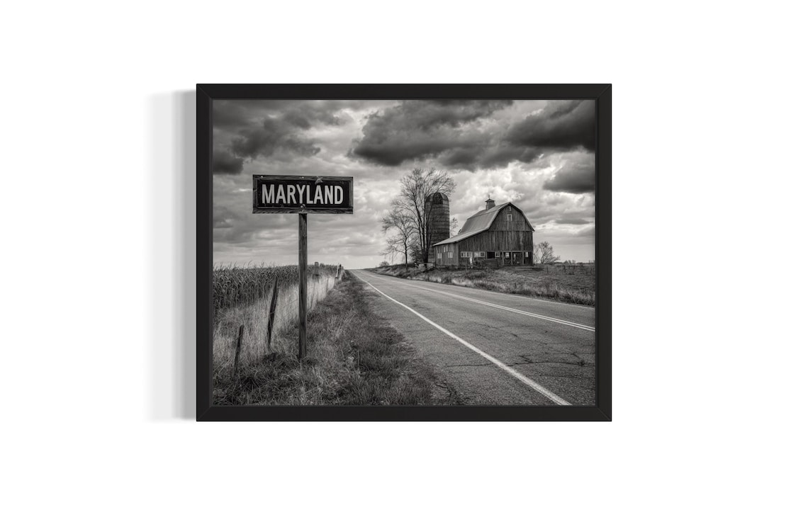Maryland Black and White Barn Silo Road Sign Rural Photo Style Poster