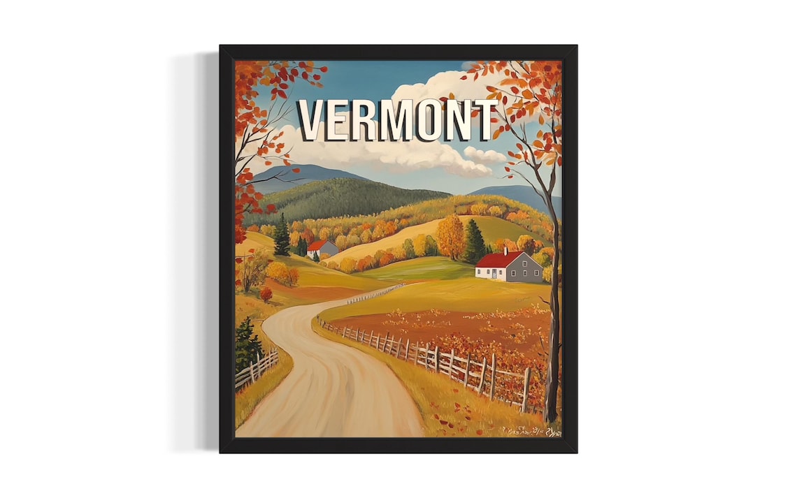 Vermont Fall Foliage Country Road Farmhouse Autumn Scene Poster