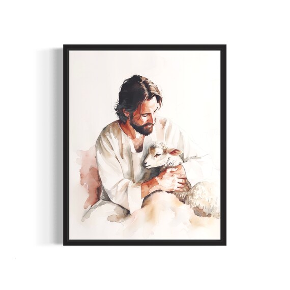Jesus Tenderly Holding a Gentle Lamb Religious Christian Poster