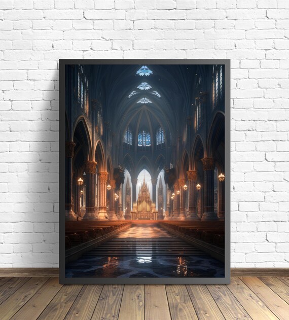 Gothic Cathedral Interior Dark Aisle Pipe Organ Moody Architecture Poster