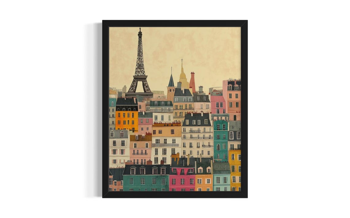 Paris Eiffel Tower Vintage Style Rooftop Skyline Cityscape Poster