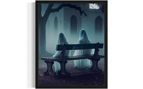 Two Ghosts Sitting On A Bench In A Foggy Night Graveyard Poster