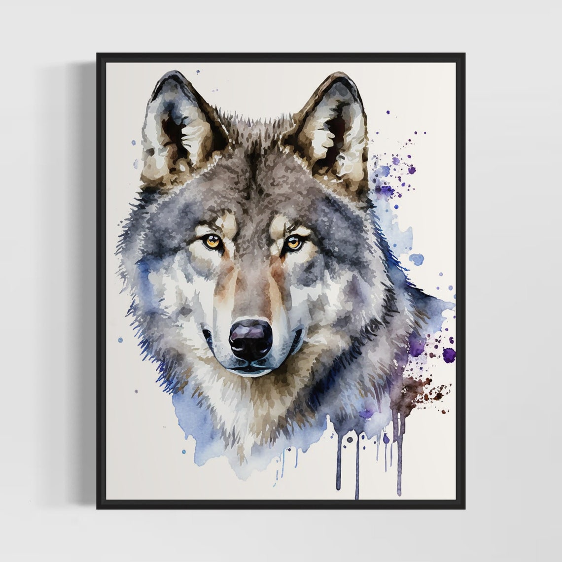 Gray Wolf Intense Gaze Watercolor Splash Portrait Art Poster